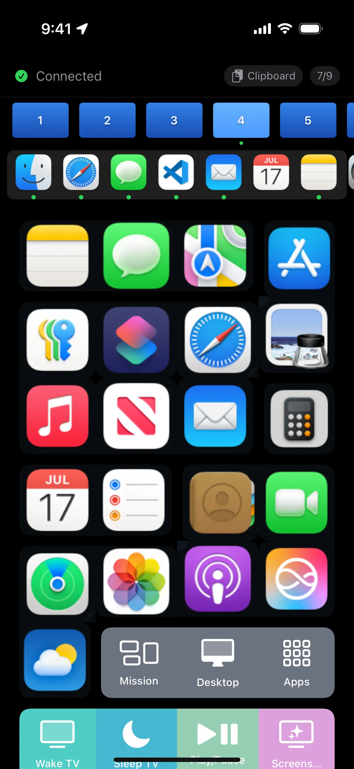 PromptDeck macOS Apps page showing real app icons, dock mirror, and system action buttons