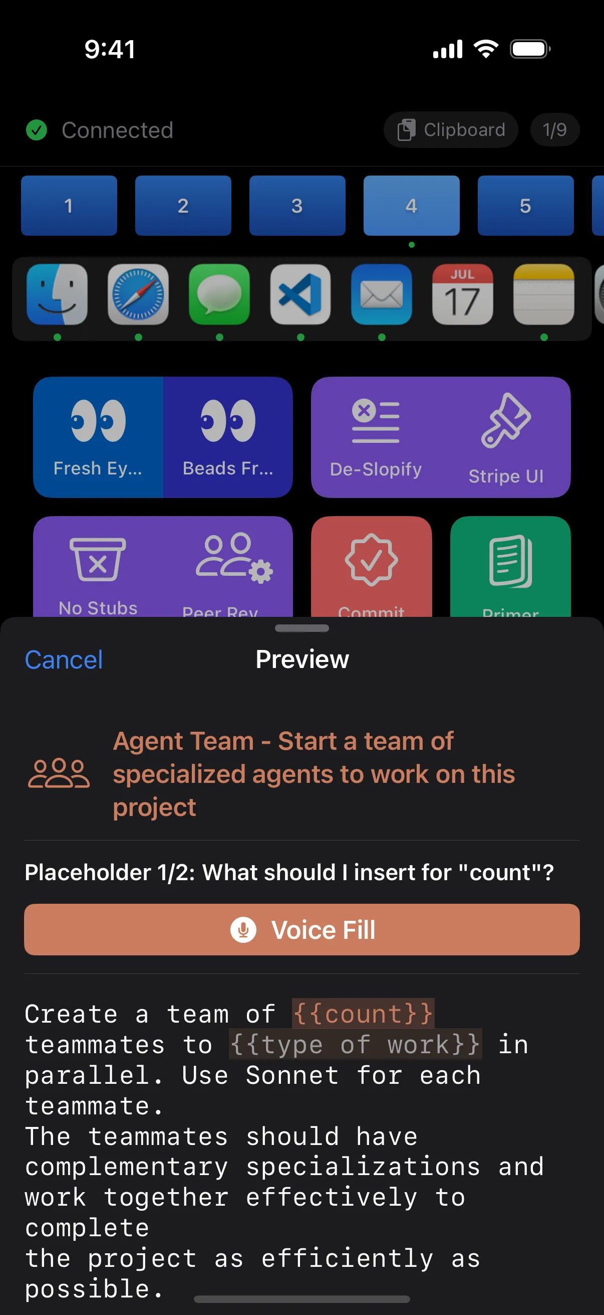 Voice fill template UI showing Agent Team prompt with {{count}} and {{type of work}} placeholders